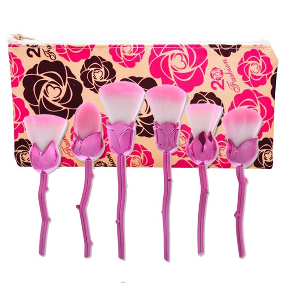 6-Piece Set: Floral  Makeup Brush Set Premium Synthetic Brushes - Hot Pink - Picture 1 of 3